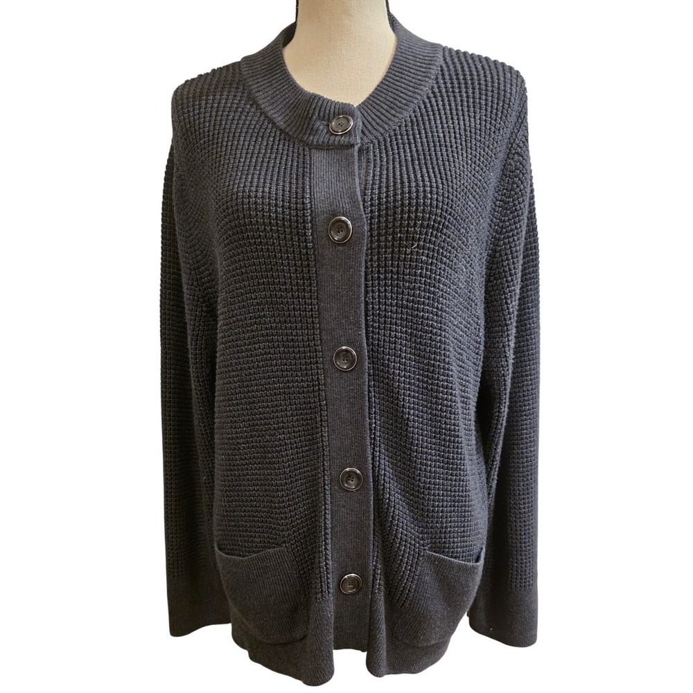 Allison Daley Gray Waffle Knit Button Front Cardigan Sweater with Pockets